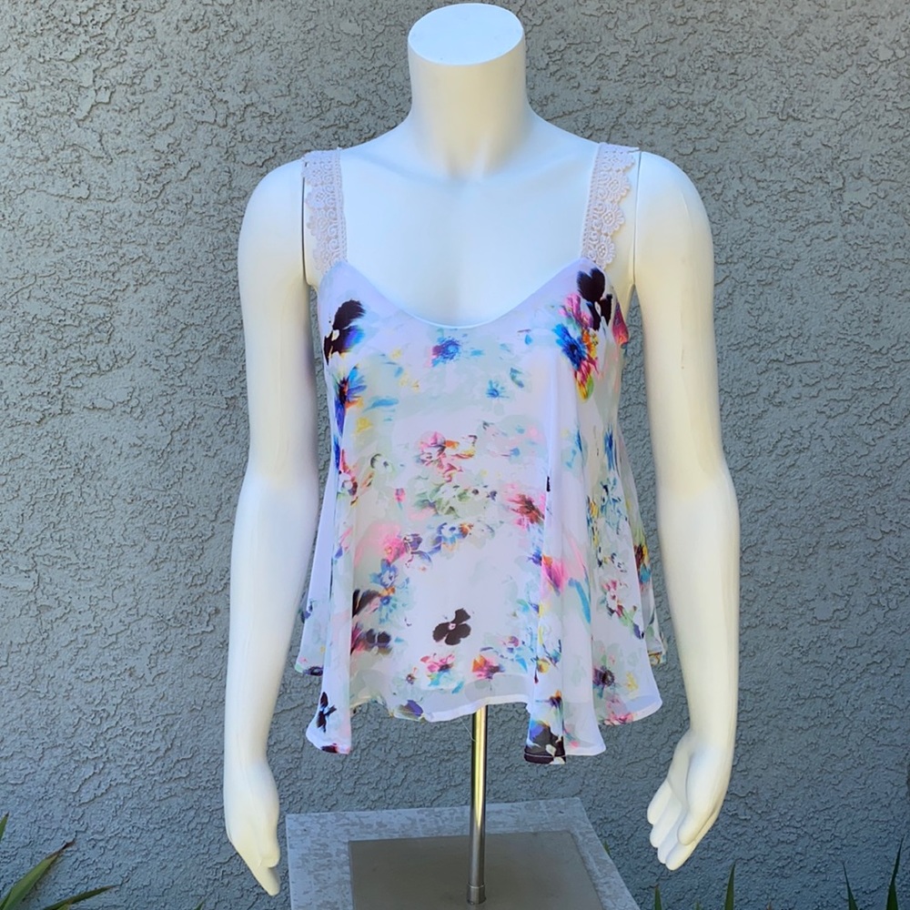 Decree JCP Watercolor Floral Cropped Chiffon Blouse Tank Top Shirt 👚